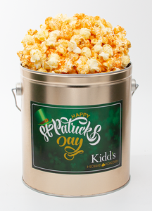 Best in world cheesey cheddar and light white cheddar sold in 1 gallon St. Patrick's Holiday themed canister.