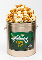 Load image into Gallery viewer, Famous White Cheddar and Caramel Popcorn mix in St. Patrick&#39;s Day Themed 1 gallon gourmet popcorn tin.
