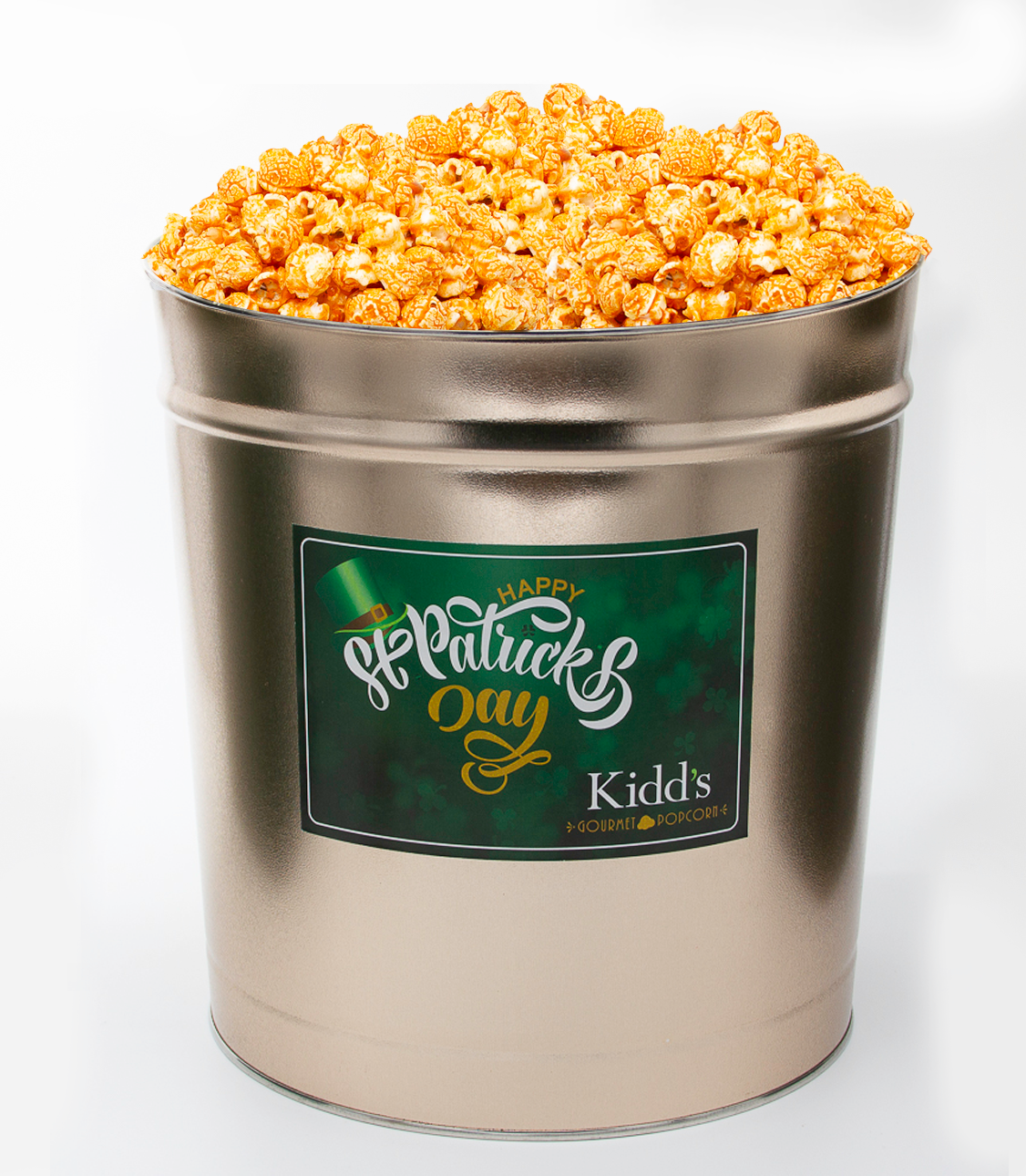 Our best large popcorn tin filled with Cheddar Cheese Gourmet popcorn. Tin is Gold and St. Patrick's Day Themed.