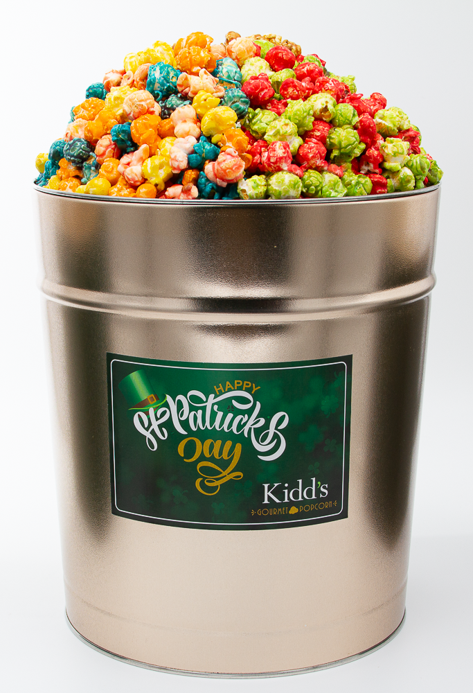 RedHots Cinnamon Apple, Rainbow Corn and the best caramel corn served in a St. Patrick's Day Themed large popcorn tin.