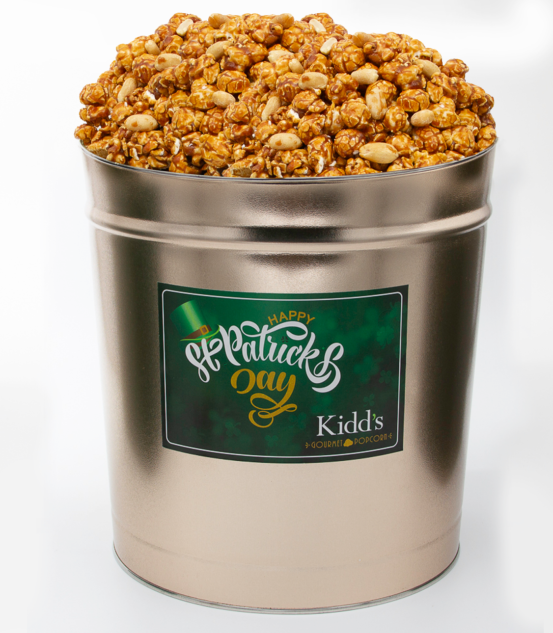 buy cracker jacks style packaged popcorn in large 3.5 gallon St. Patrick's Day Themed popcorn canister.