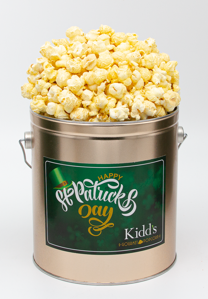 mail order 1 gallon St. Patrick's Day gift tin in award winning light and airy white cheddar flavor popcorn.