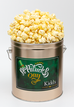 Load image into Gallery viewer, mail order 1 gallon St. Patrick&#39;s Day gift tin in award winning light and airy white cheddar flavor popcorn.
