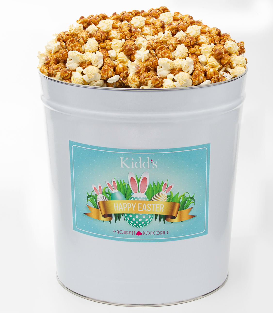 The best caramel popcorn and white cheddar filled in a large deliverable easter basket tin. Perfect for large Easter gatherings and egg hunts