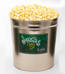 buy famous white cheddar popcorn online in 3.5 Gallon St. Patrick's Day Holiday fancy popcorn tin.