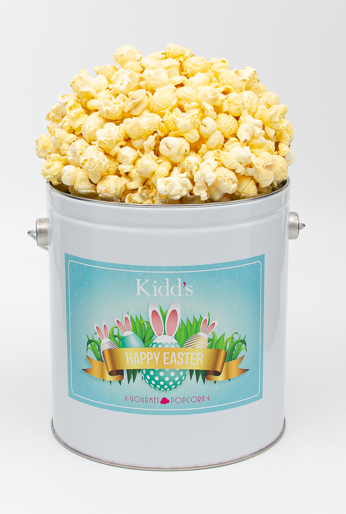 White Cheddar Gourmet Popcorn in Shippable small easter basket tin. perfect for kids and adults.